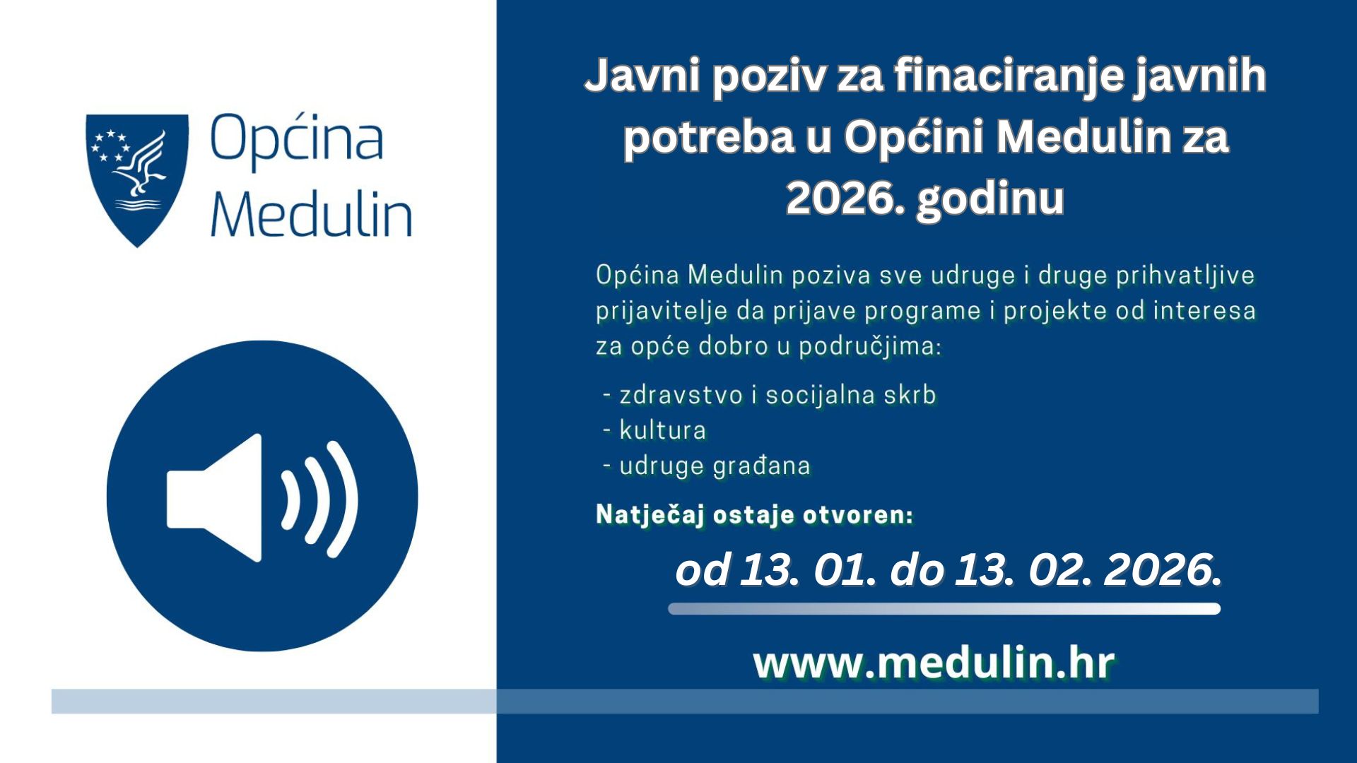 Općina Medulin objavila natječaj za projekte i programe udruga u 2026. godini